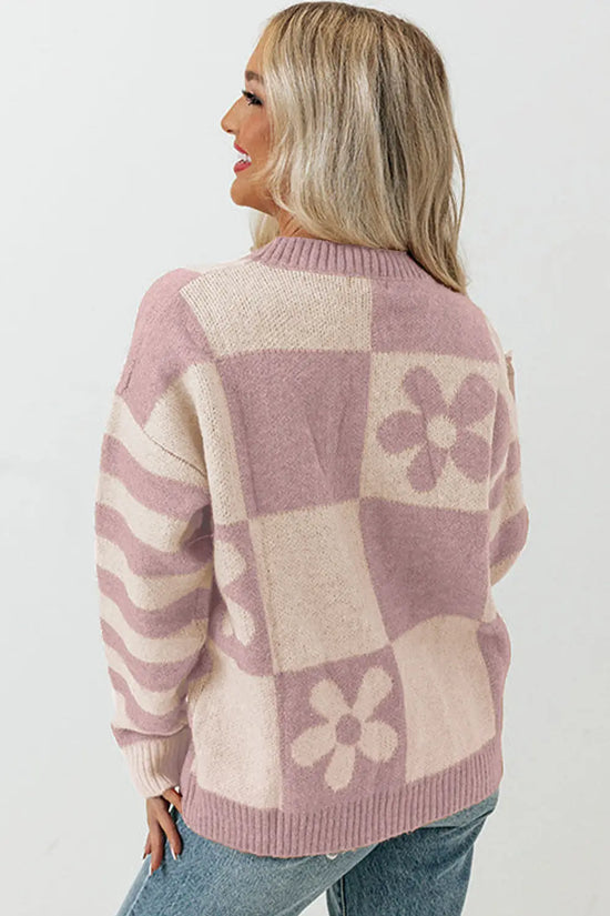 Brown checkered floral print striped sleeve sweater