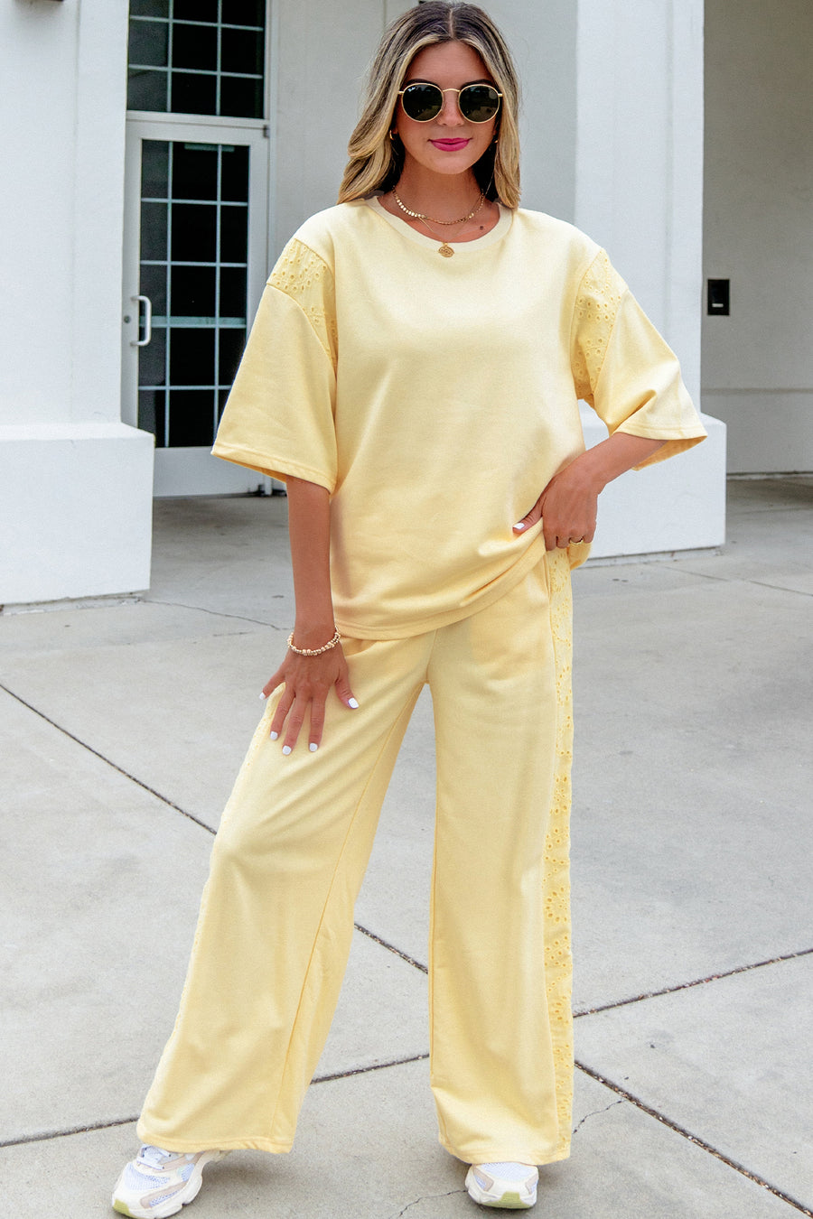Lace Patchwork Half Sleeve Top & Wide Leg Pants Two Piece Set