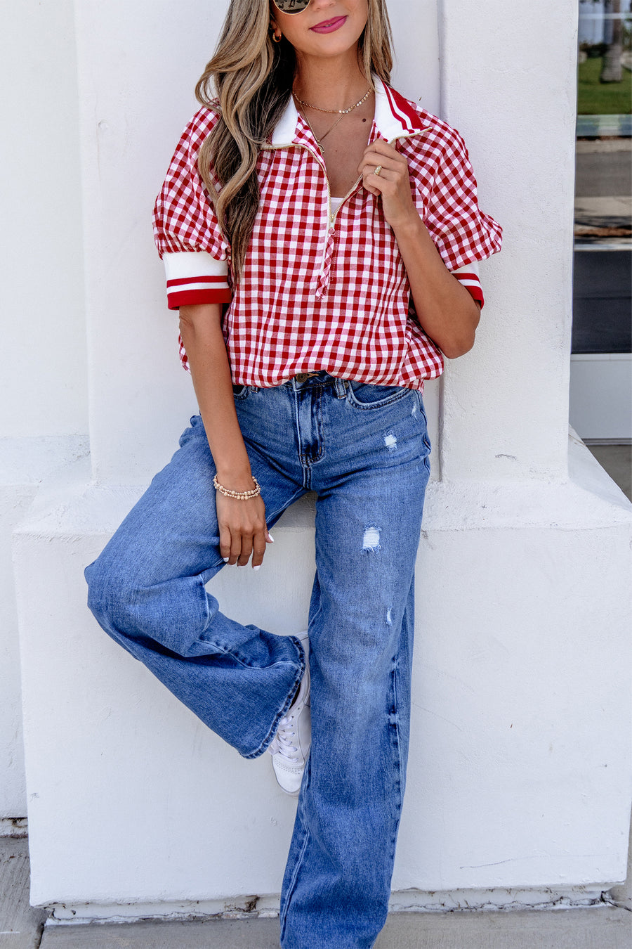 Gingham Striped Patchwork Half-Zip Blouse Women UK