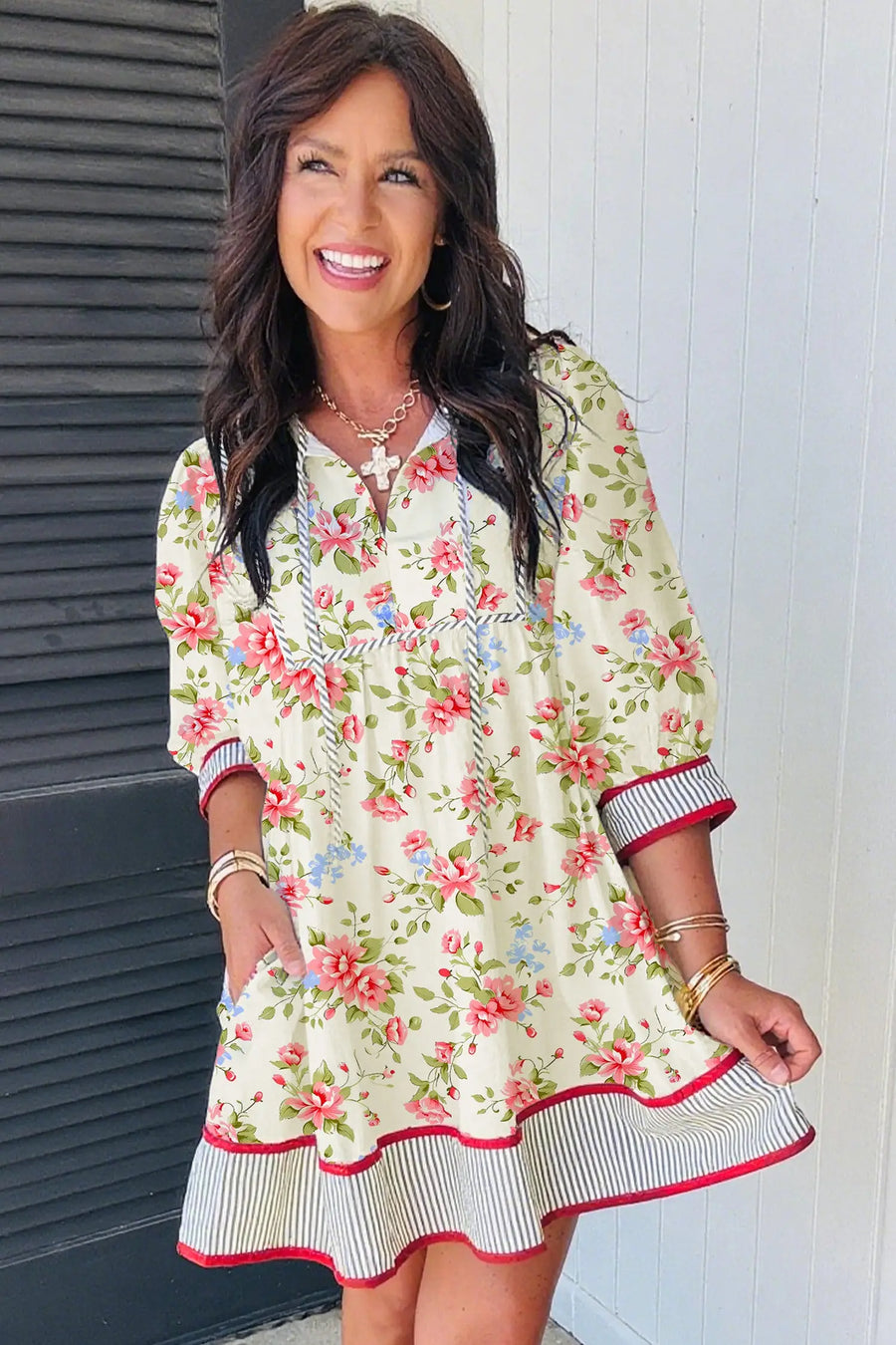 Apricot Floral Striped Edge 3/4 Puff Sleeve Dress Women UK — side detail