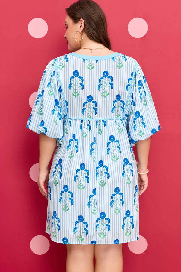 Sky Blue Plus Size Floral Striped Bubble Short Sleeve Dress Women UK — back view