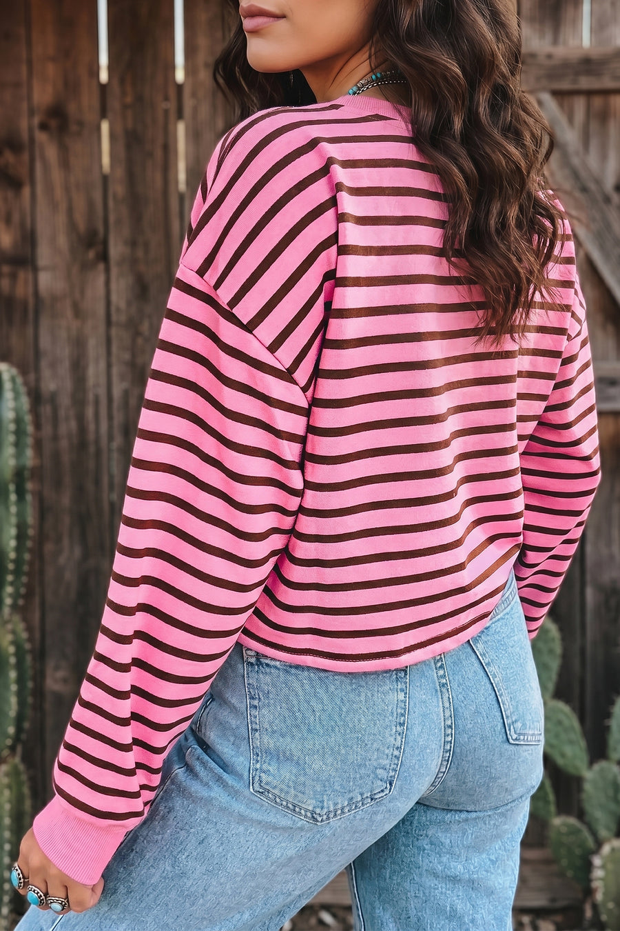 Pink Stripe V-Neck Drop Shoulder Long Sleeve Top Women UK