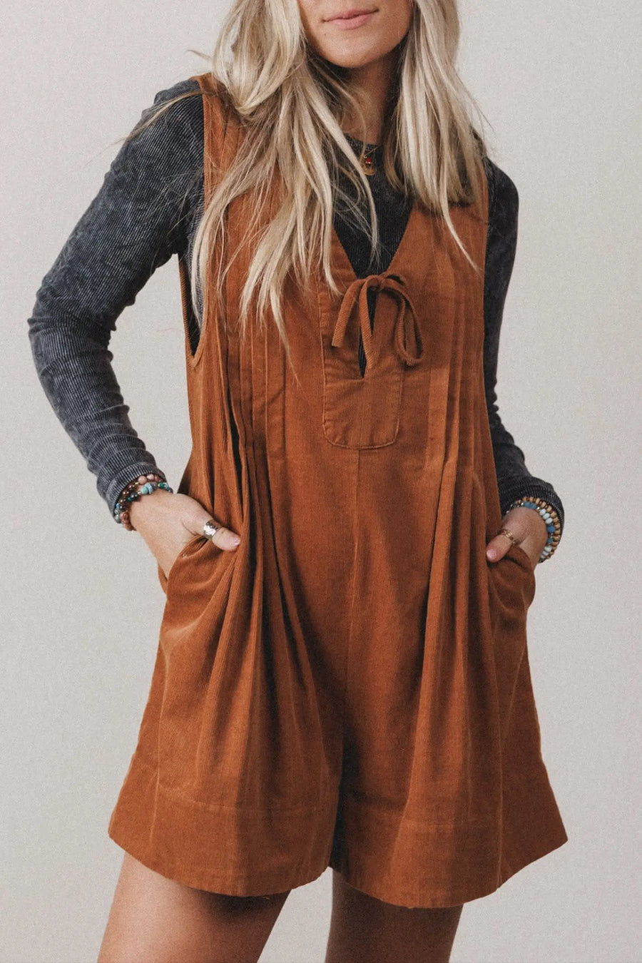 Cinnamon Corduroy Sleeveless Romper Tie V-Neck — close-up detail | Fashionfitz UK