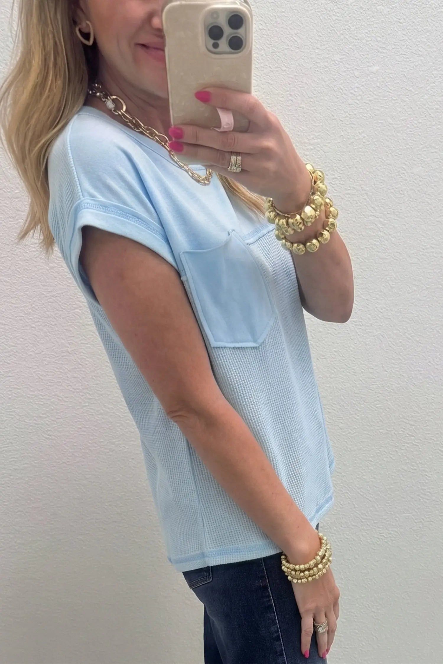 Waffle patchwork sleeveless top raw seam chest pocket round neck casual tank tops