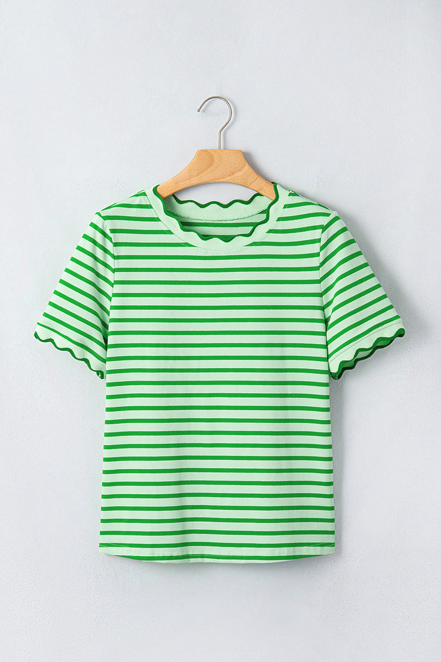 Scalloped Trim Stripe Cotton T-Shirt Round Neck Short Sleeve