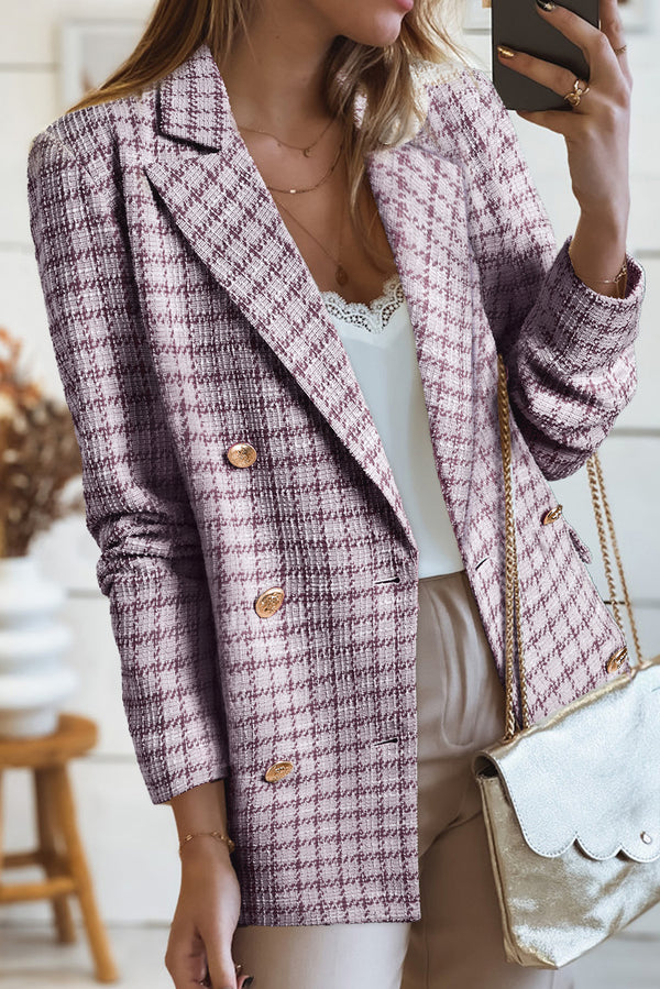 Woman wearing elegant tweed plaid blazer in burgundy