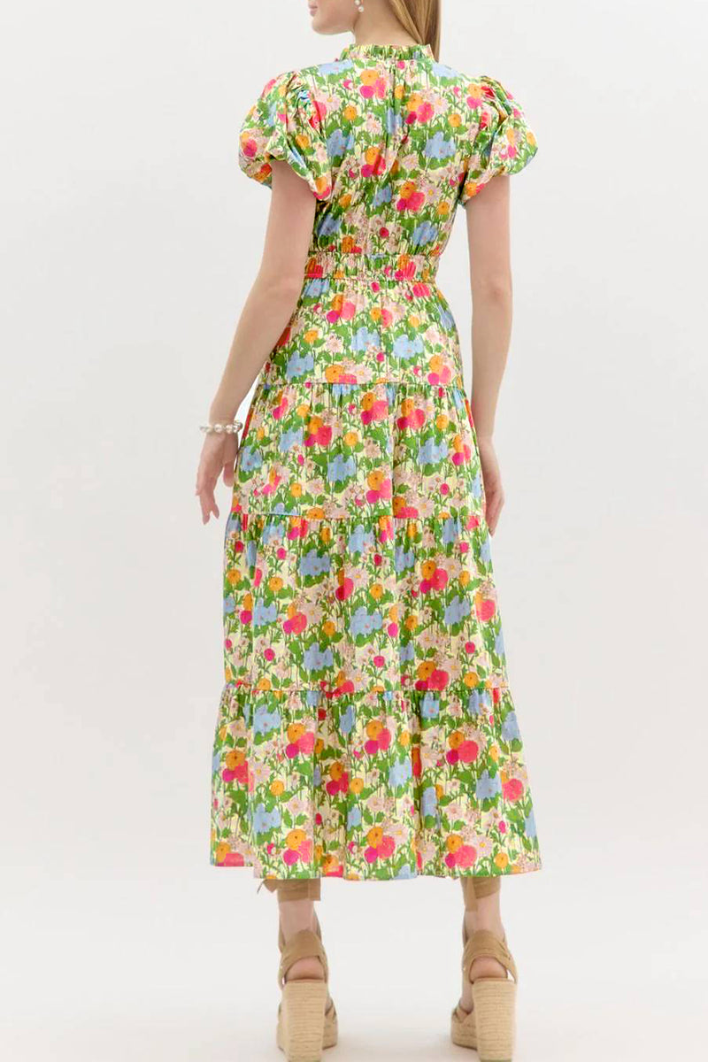 Green Floral V Neck Short Puff Sleeve Cotton Maxi Dress Women UK