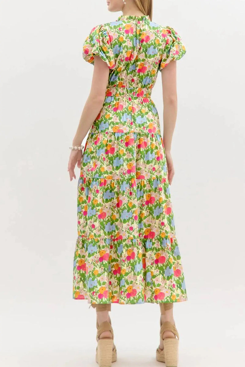 Green Floral V Neck Short Puff Sleeve Cotton Maxi Dress Women UK