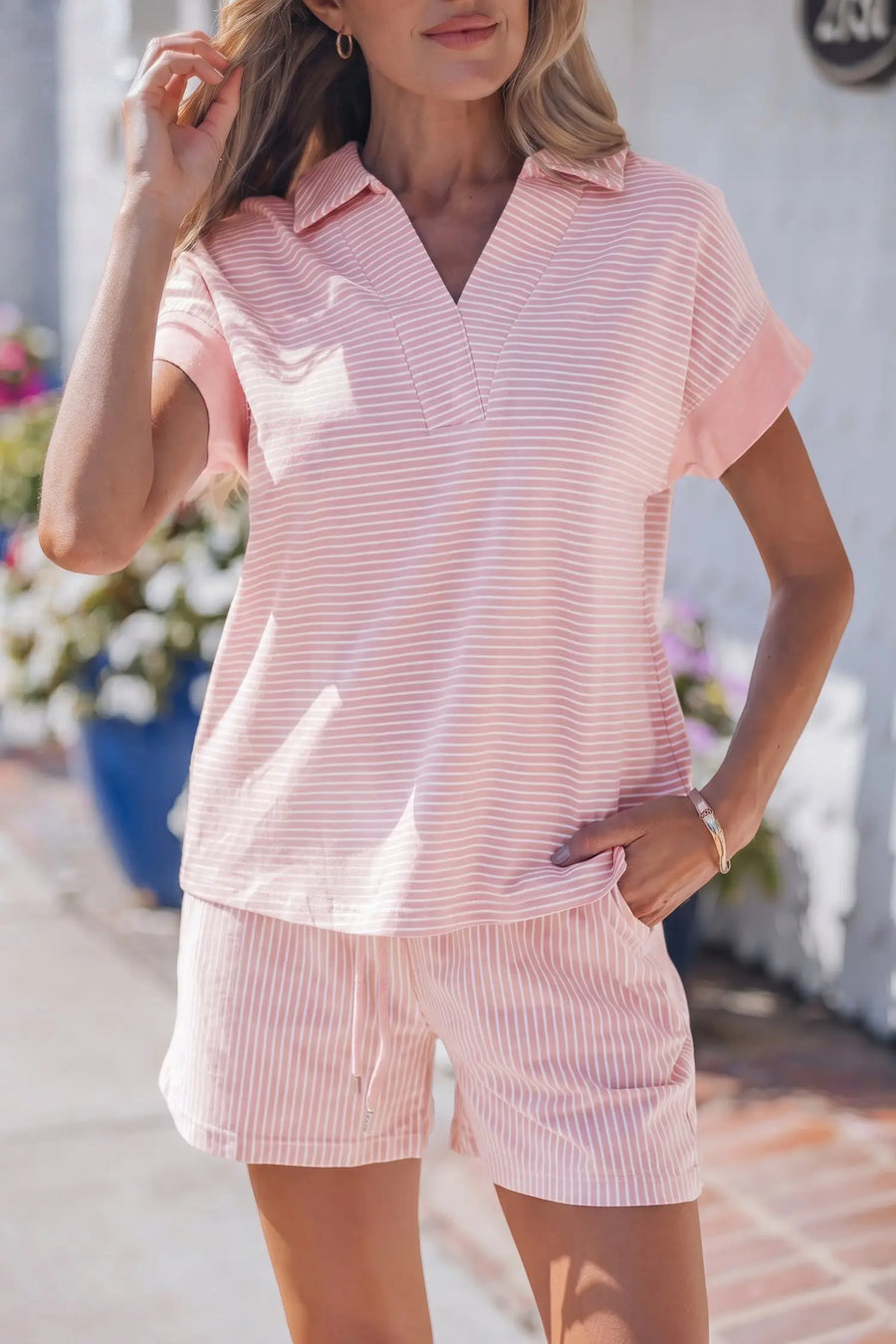 Striped Dolman Sleeve Polo Shirt and Drawstring Shorts Two Piece Set
