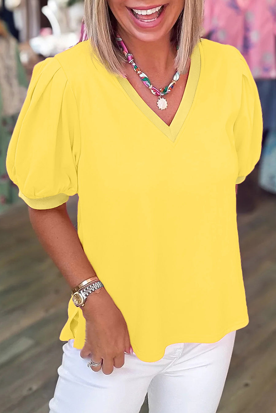 Mint Green Solid Color V Neck Short Puff Sleeve Blouse