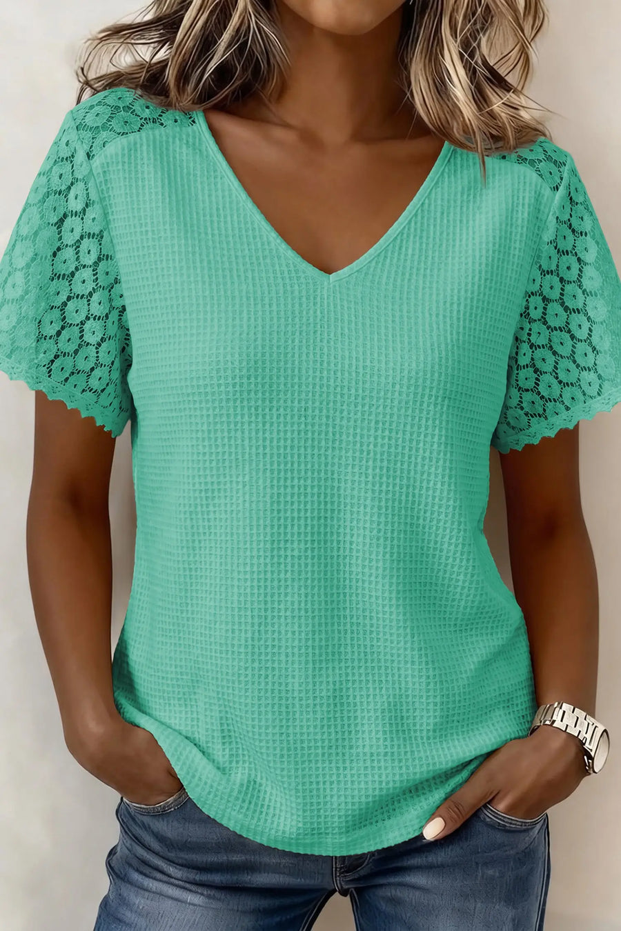 Lace trim cutout blouse women UK — full length front view on model