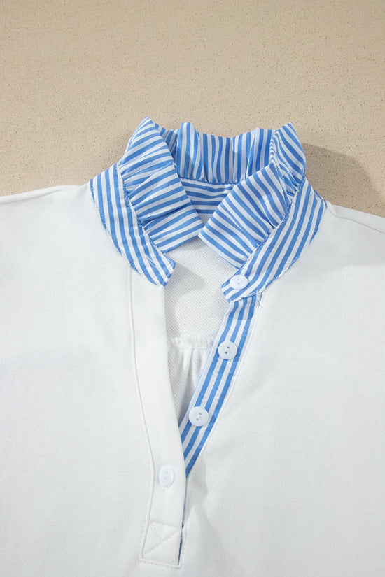 Striped frilled collar puff sleeve button front cotton blouse blouses