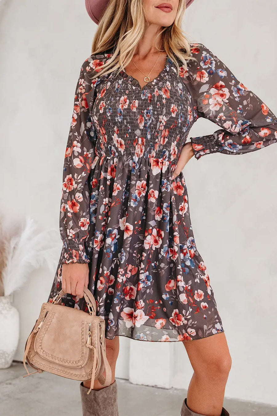 Brown Frilly Smocked Floral Mesh Long Sleeve Mini Dress Women UK