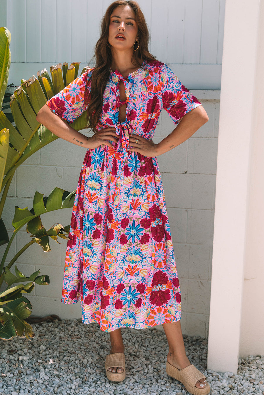 Rose Floral Tied Front High Waist Short Sleeve Loose Long Dress