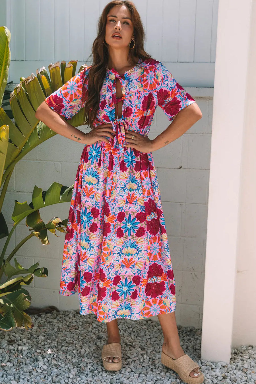 Rose Floral Tied Front High Waist Short Sleeve Maxi Dress Women UK