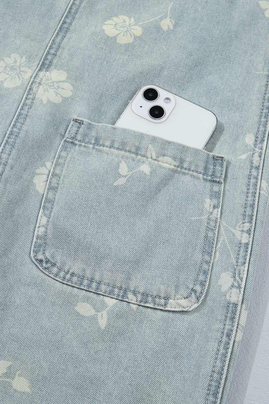 Sky Blue Retro Wash Denim Floral Print Overall Mini Dress Women UK