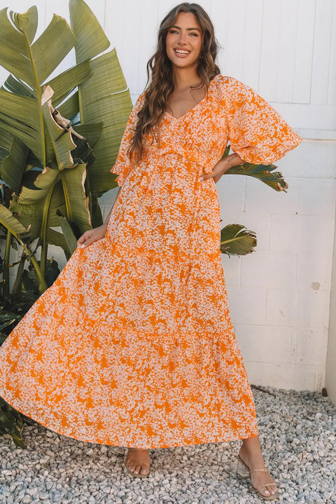 Orange Floral Smocked V Neck Wide Sleeve Maxi Dress Women UK