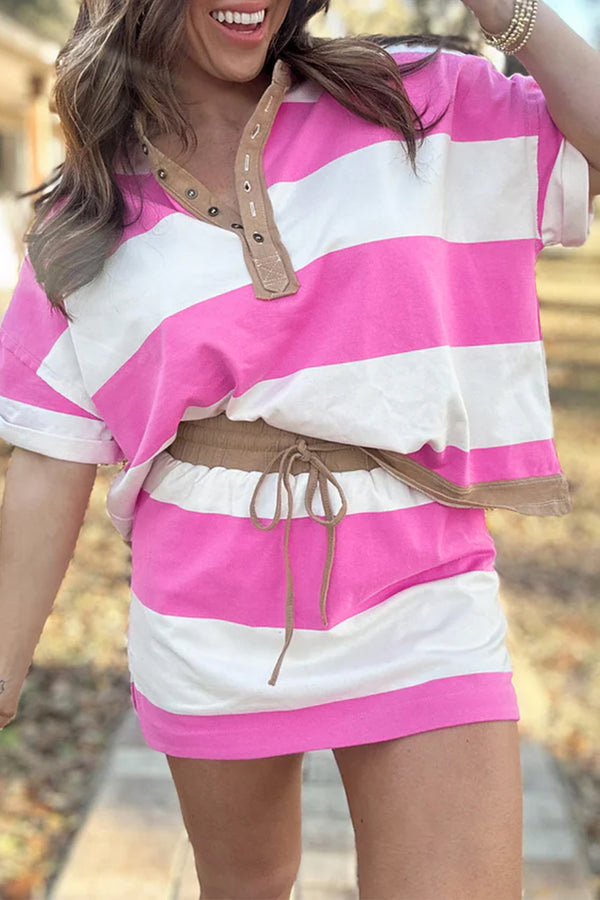 Rose Stripe Colorblock Trim Polo Tee Drawstring Mini Skirt 2pcs Set — front view | Fashionfitz UK