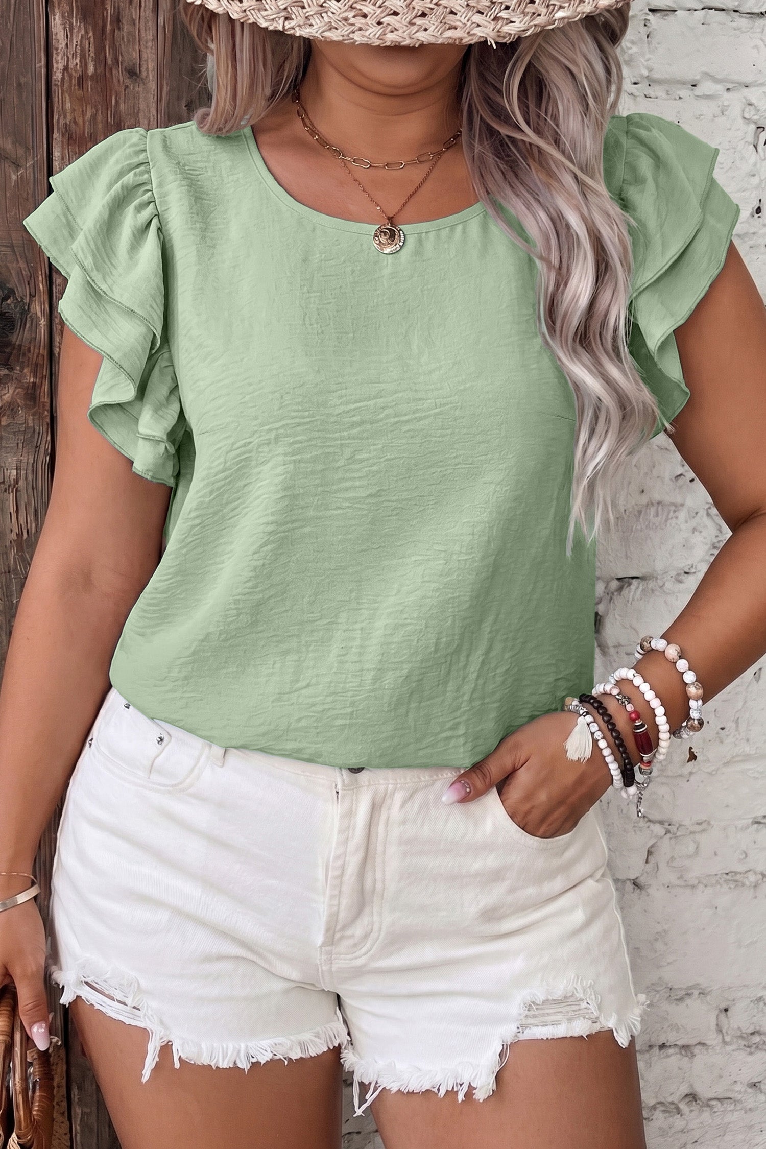 Clearly Aqua Plus Size Double Ruffle Sleeve Crew Neck Top Solid
