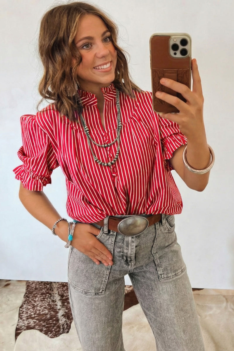 Red Stripe Ruffled Puff Sleeve Button Front Blouse Women UK