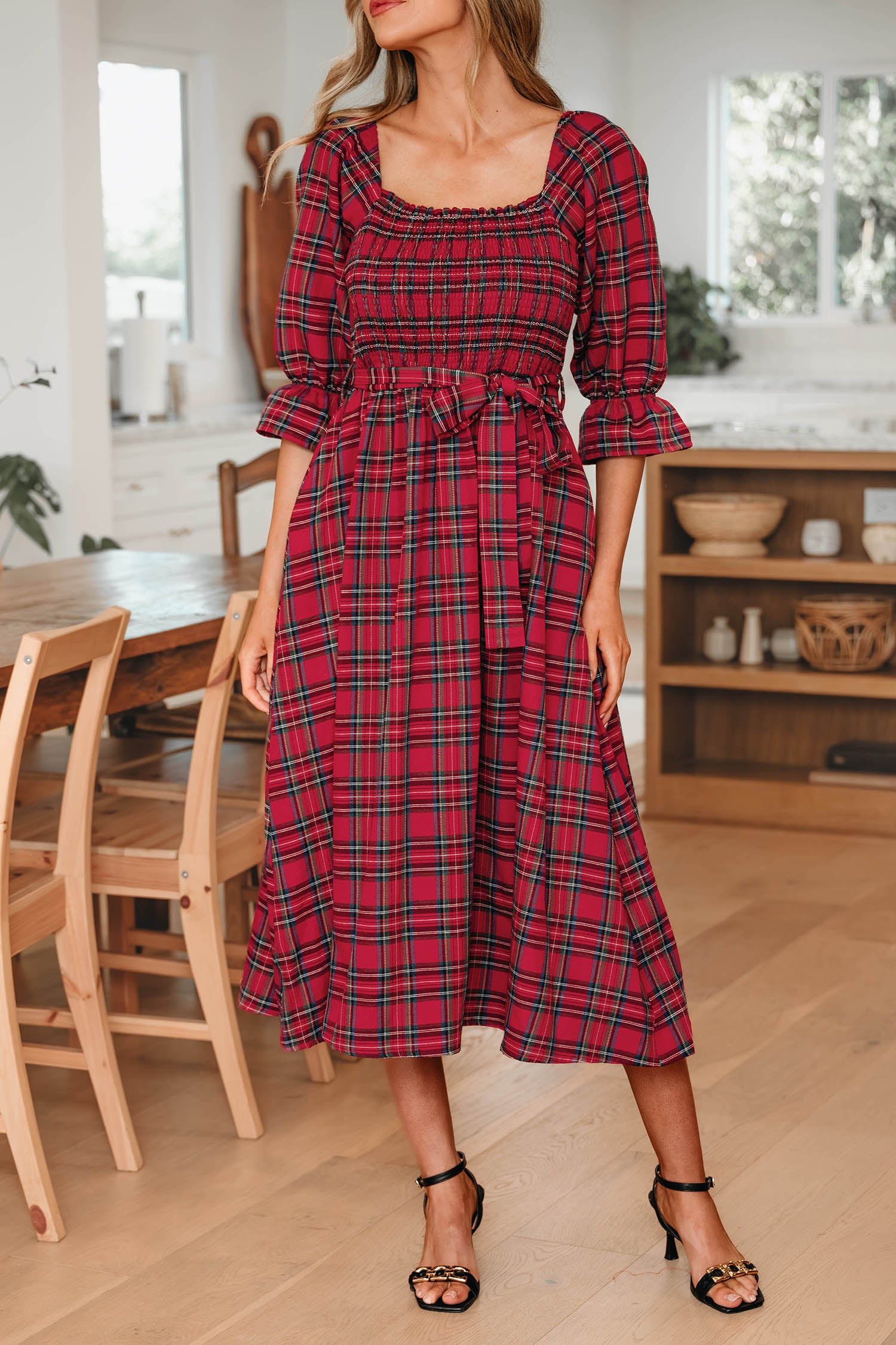 Red Green Tartan Plaid Flared Midi Dress