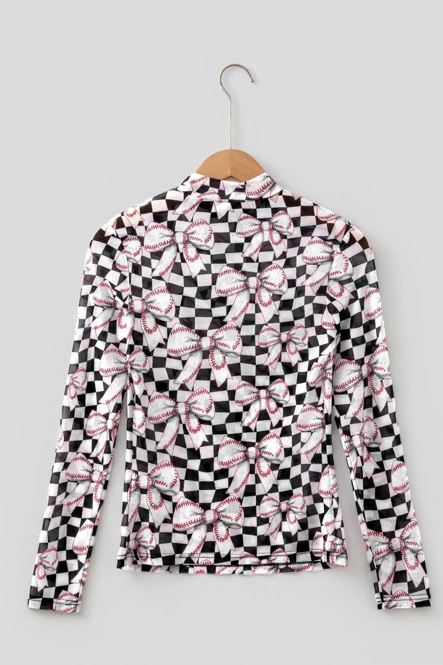 Plaid Baseball Bow Long Sleeve Mesh Top Women UK