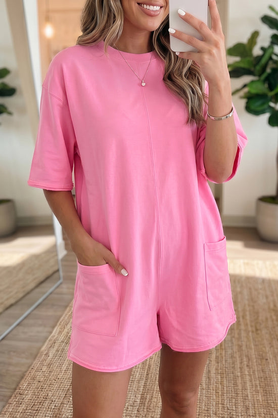 Raw Edge Half Sleeve Pocketed Loose Romper
