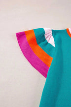 KnitT-Shirt - Turquoise Contrast Flutter Sleeves Sweater - Fashionfitz