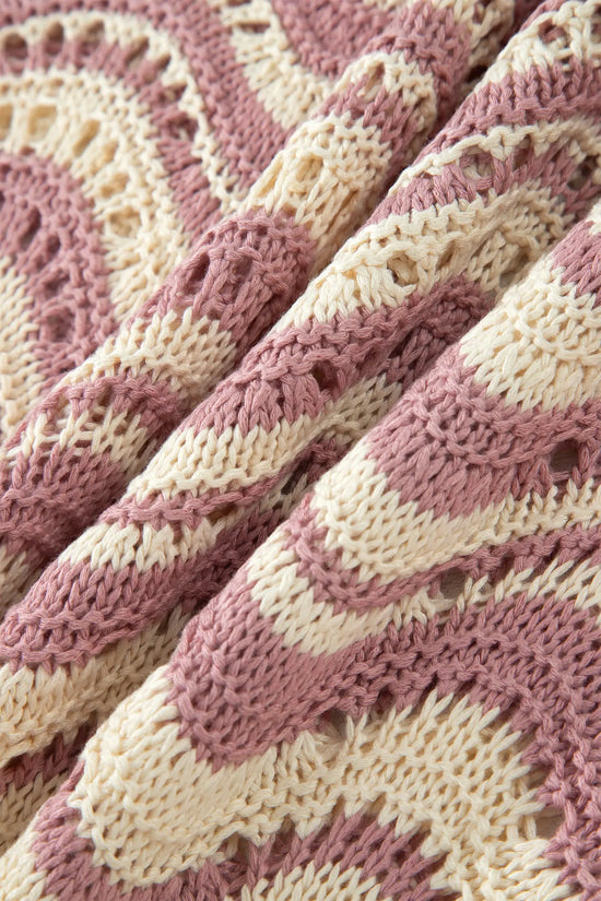 Wavy stripe crochet eyelet ruffle half sleeve knit sweater relaxed fit sweaters