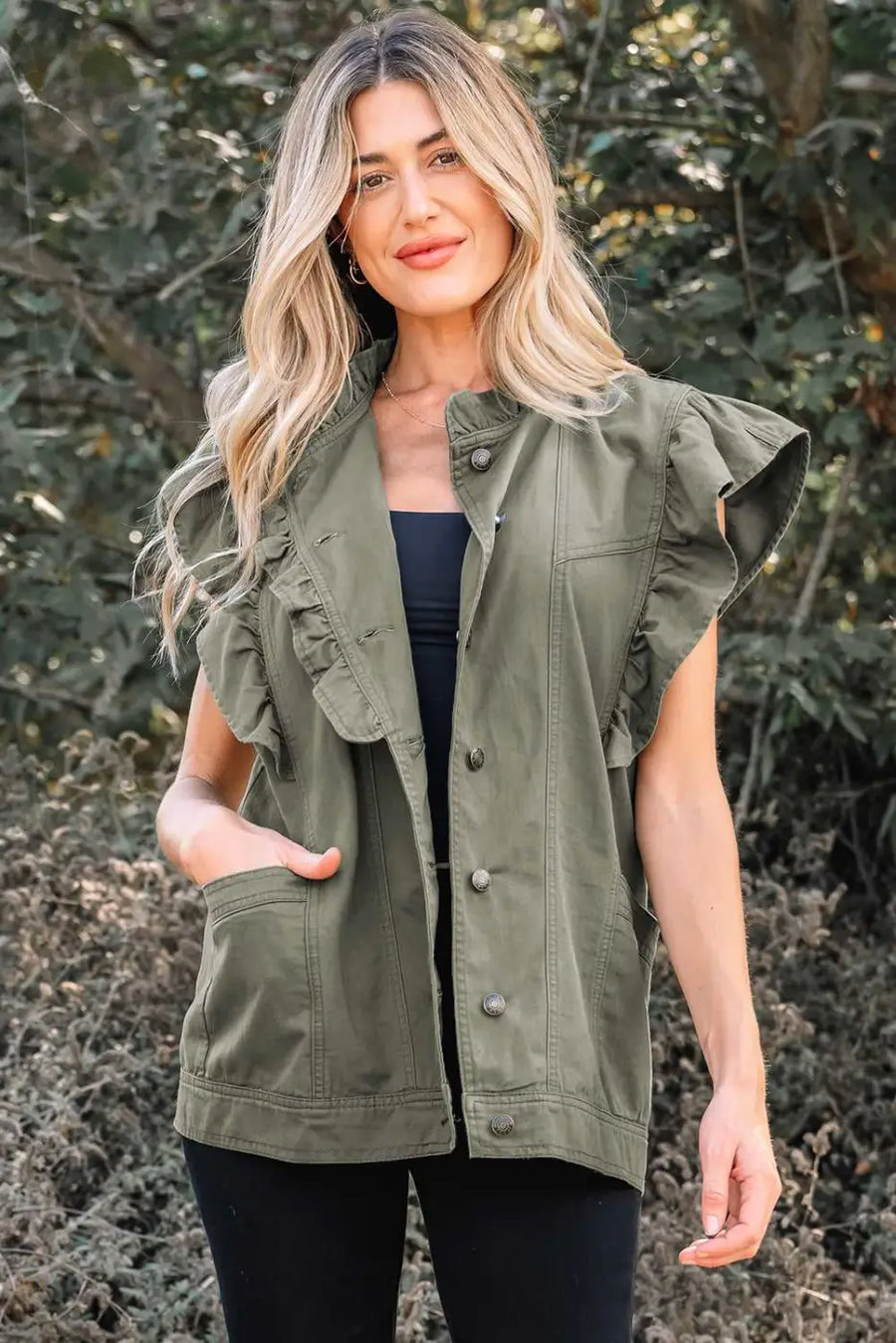 Green bay ruffled denim vest - women’s fashion trends