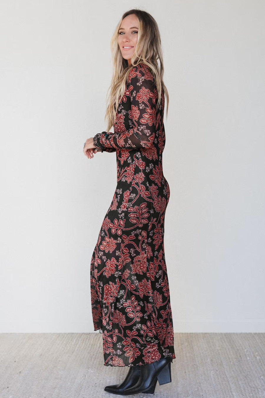 Retro Floral Print Long Sleeve Mesh Maxi Dress Women UK