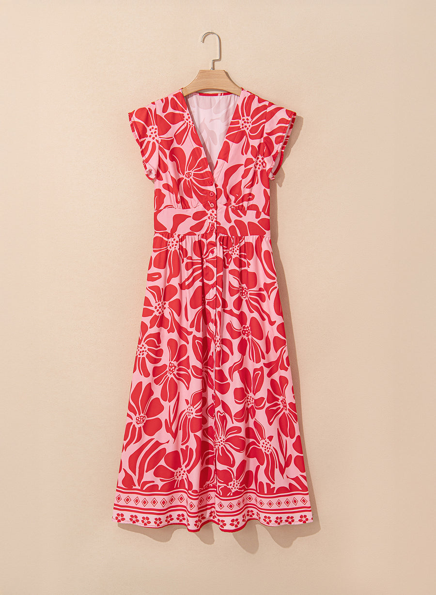 Red Boho Floral V Neck Shirred Waist Long Dress Women UK