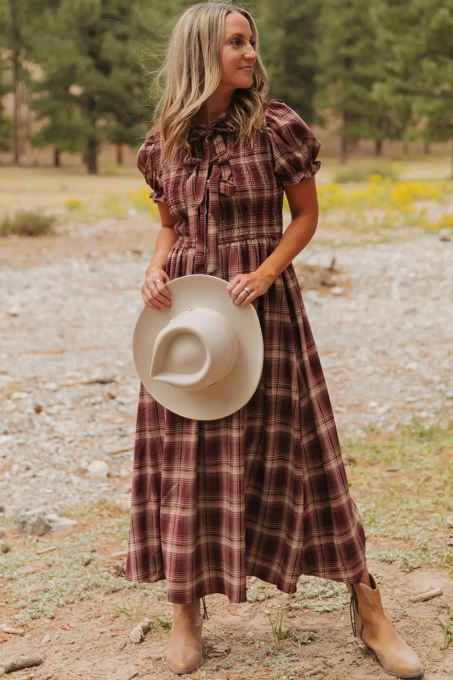 Red Vintage Plaid Knot Front Smocked Midi Dress