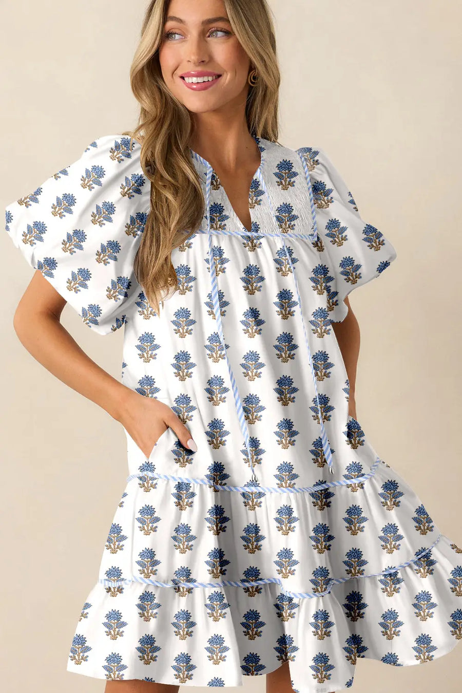 Sky Blue Floral Puff Sleeve Tied Neck Pocketed Mini Dress Women UK