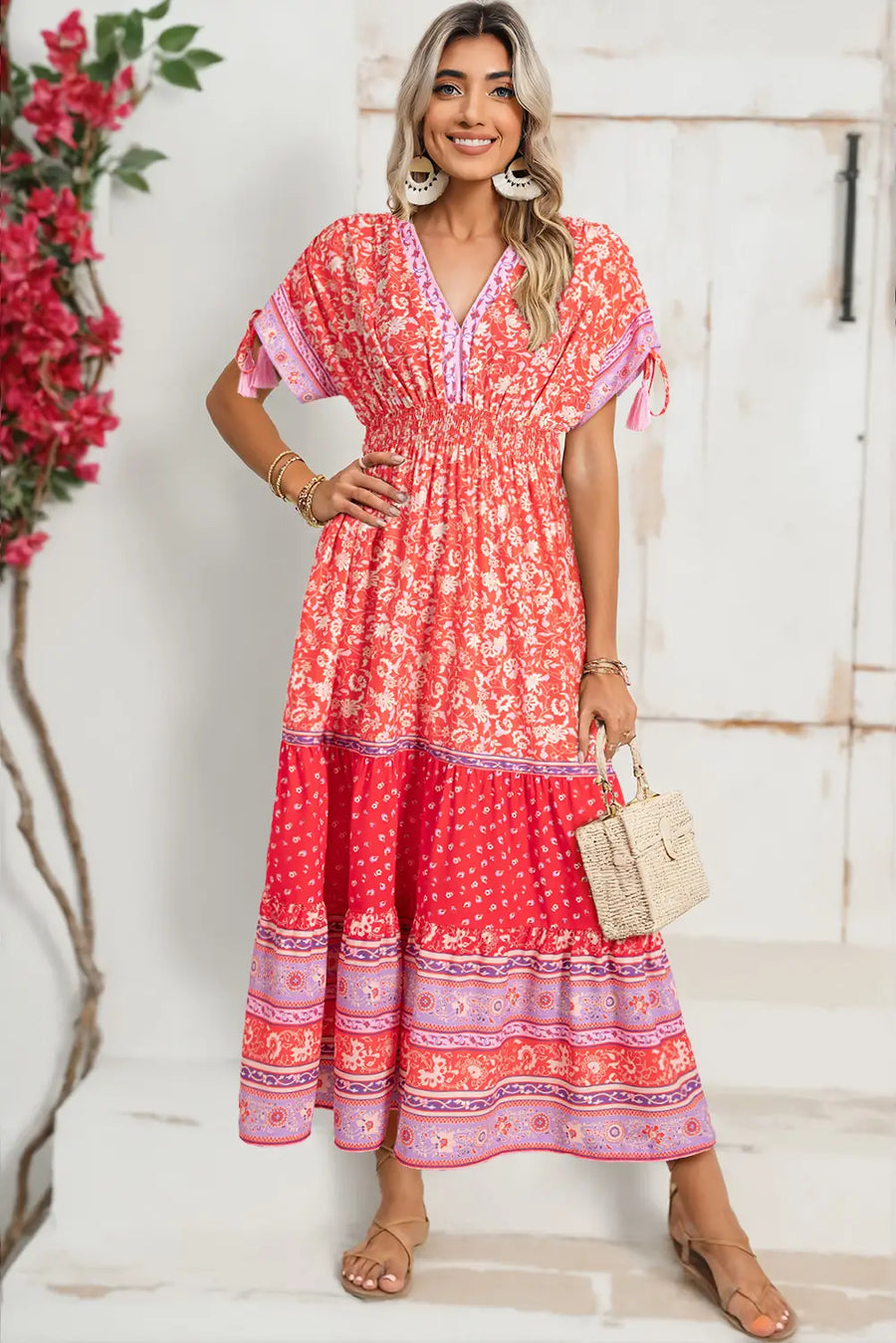 Red Floral Tasseled Tied Sleeve Empire Waist Maxi Dress Women UK