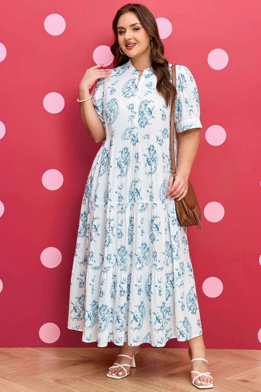 Sky Blue Plus Size Geometric Floral Split Neck Maxi Dress Women UK — model shot