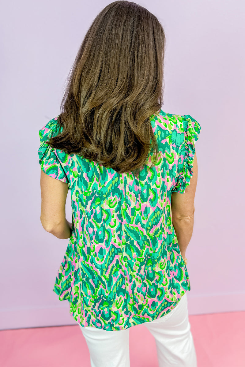 Green Abstract Print Ruffle Tied Split Neck Tank Top Women UK