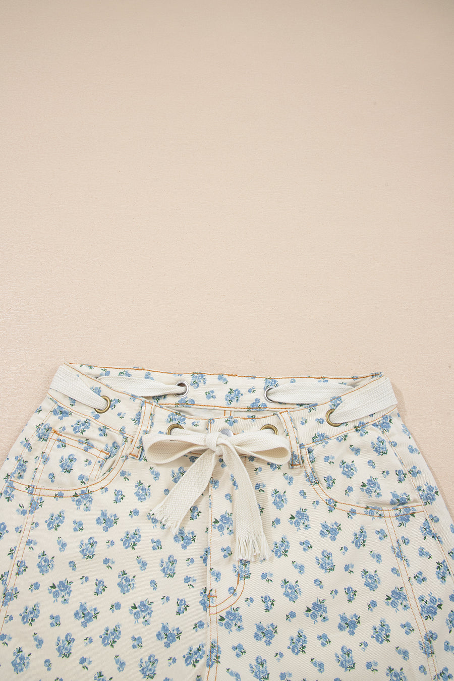 Grommet Knot Waist Floral Barrel Leg Jeans