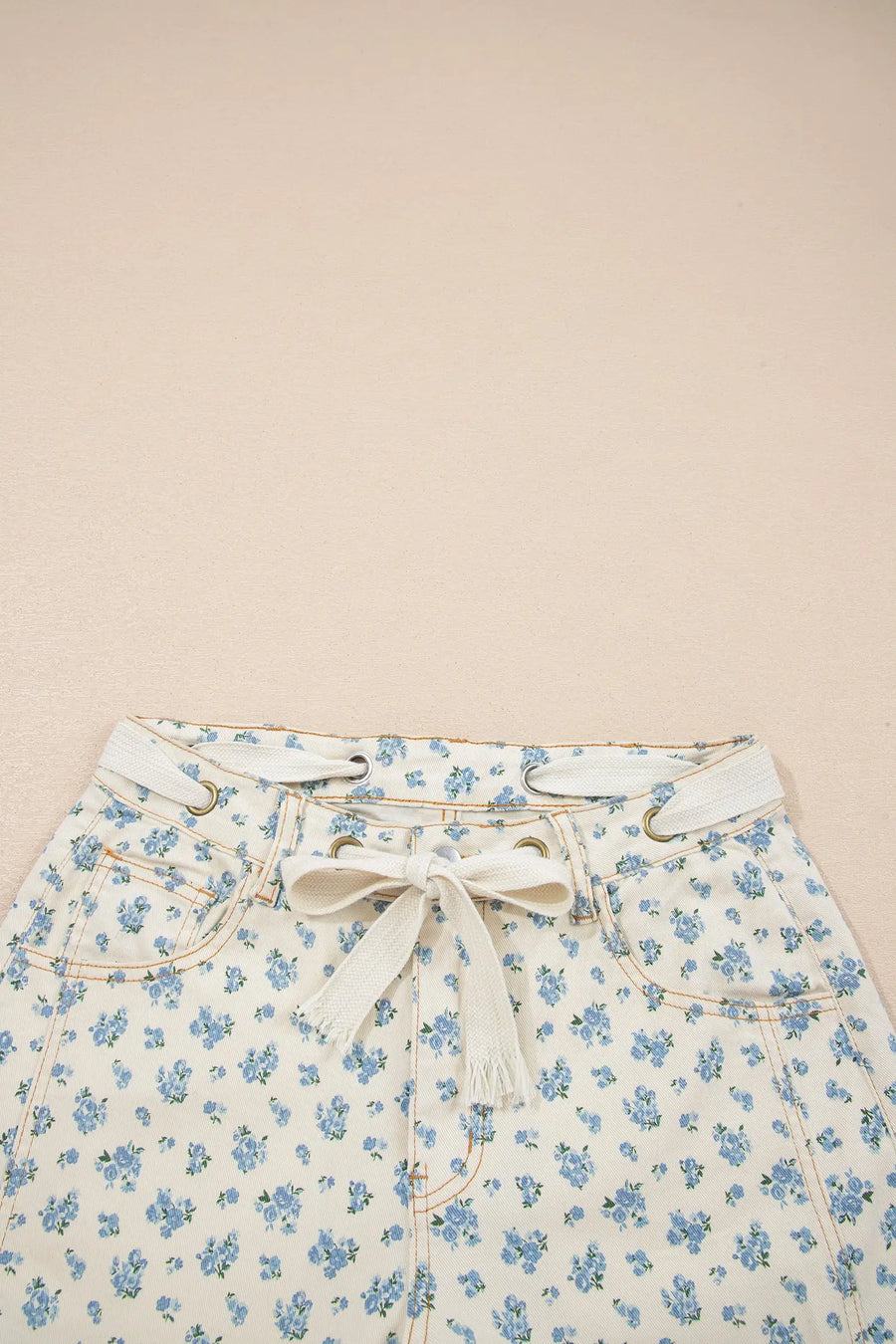 Grommet Knot Waist Floral Barrel Leg Jeans