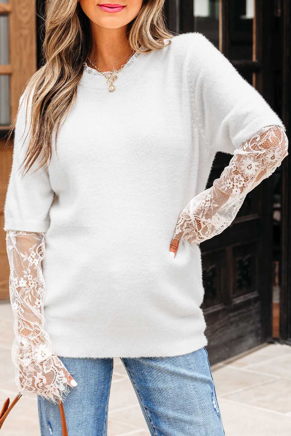 Lace Sleeve Fuzzy Sweater