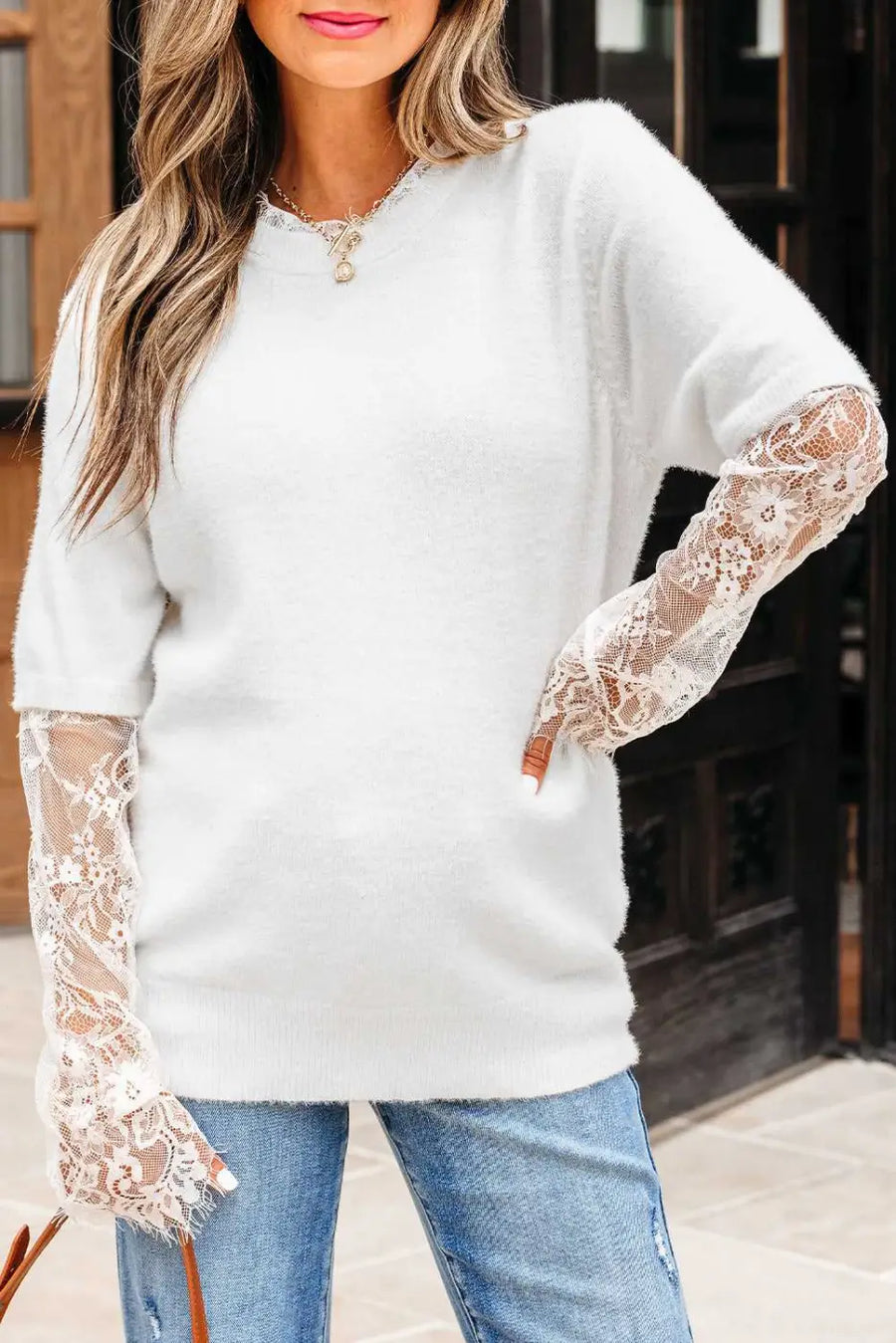 Beige lace sleeve fuzzy sweater women uk | fashionfitz