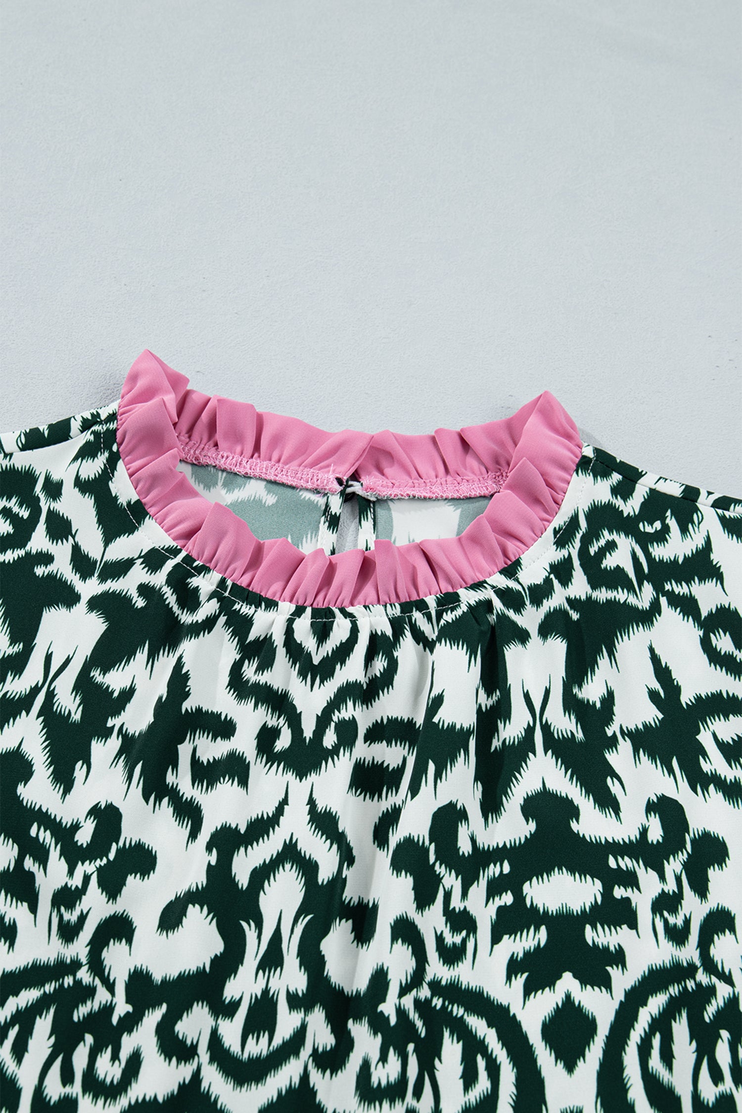 Damask Print Ruffled Colourblock Puff Sleeve Blouse Round Neck Shift