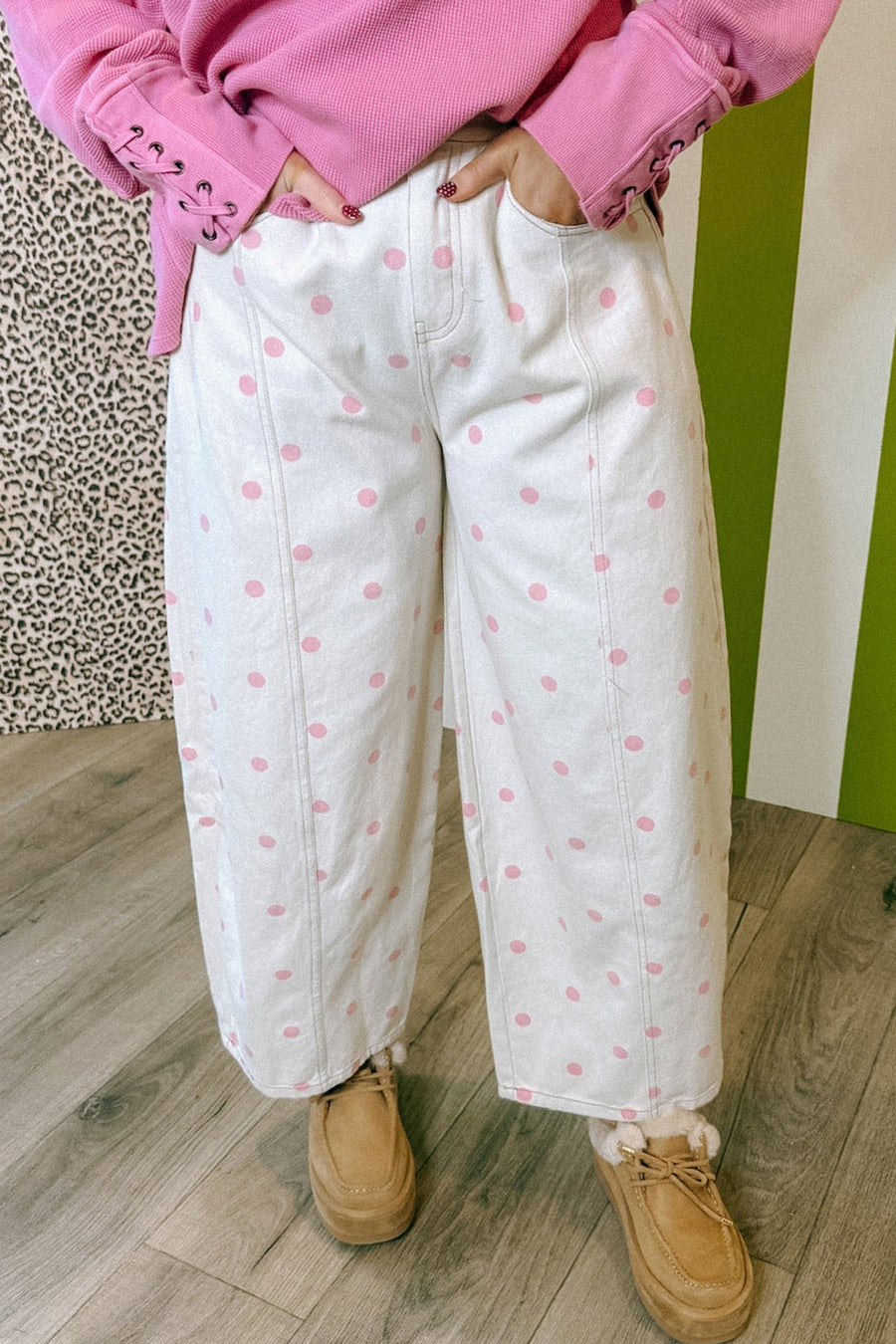Polka Dot Seam Detail Barrel Jeans — close-up showing artisan seam detail and polka dot denim fabric — Fashionfitz