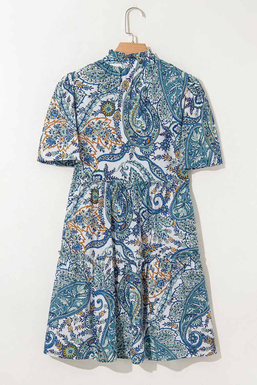 Blue Boho Paisley Floral V Neck Short Sleeve Mini Dress Women UK