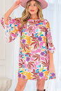 Pink Floral Lace Trim Bell Sleeve Swing Mini Dress Women UK