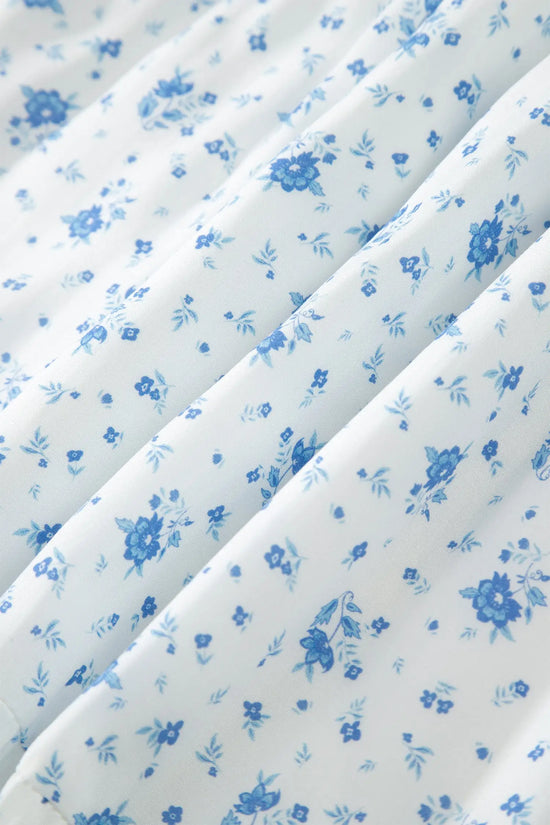 Sky blue tiered floral patchwork boho maxi skirt elastic waist ruffle hem skirts