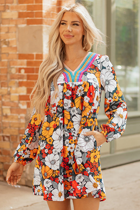 Orange Floral Lace V Neck Long Sleeve Mini Dress Women UK