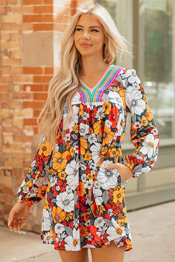 Orange Floral Lace V Neck Long Sleeve Mini Dress Women UK