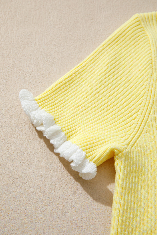 Ribbed Knit Contrast Frilled Short Sleeve Cardigan Women UK