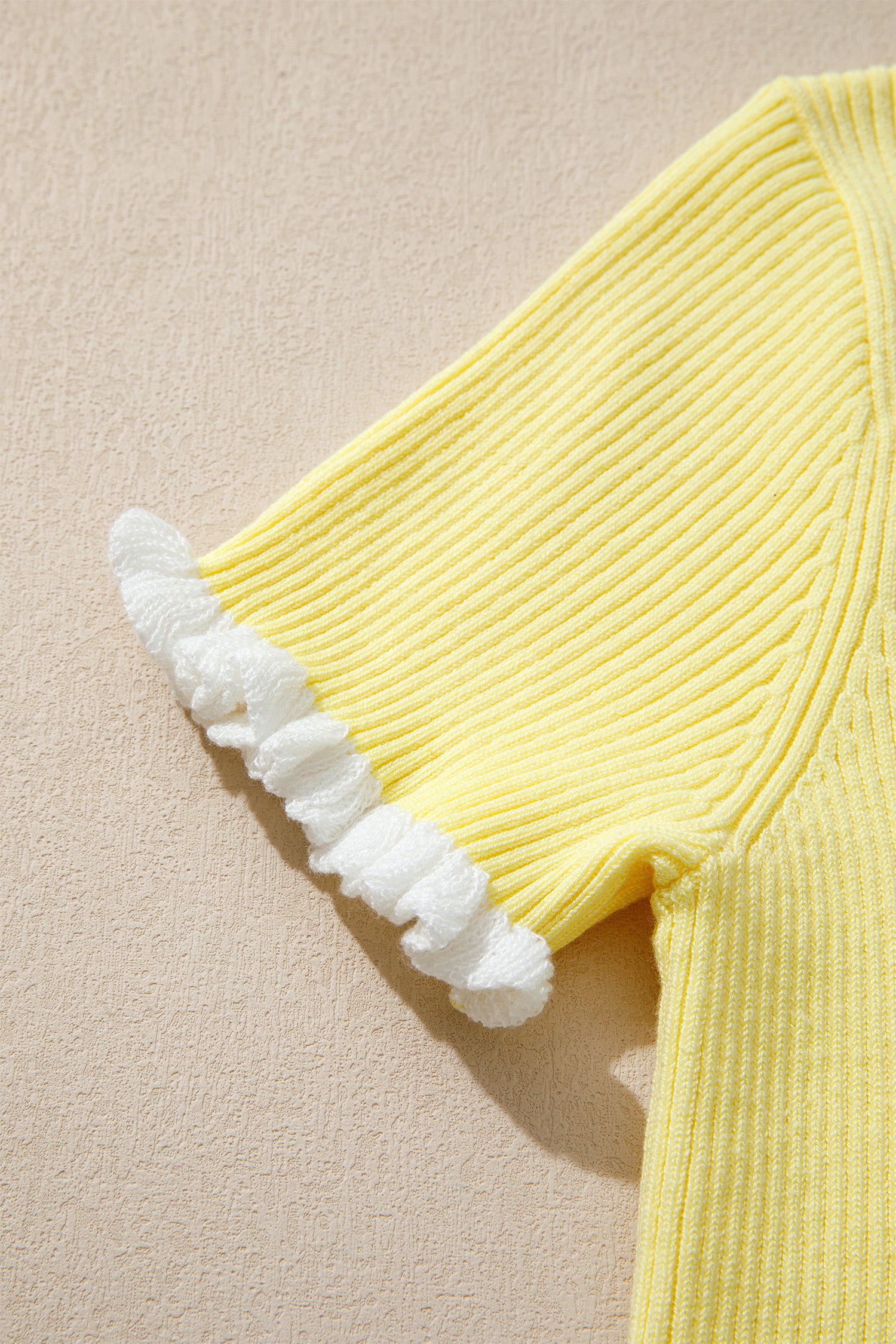 Ribbed Knit Contrast Frilled Short Sleeve Cardigan Women UK